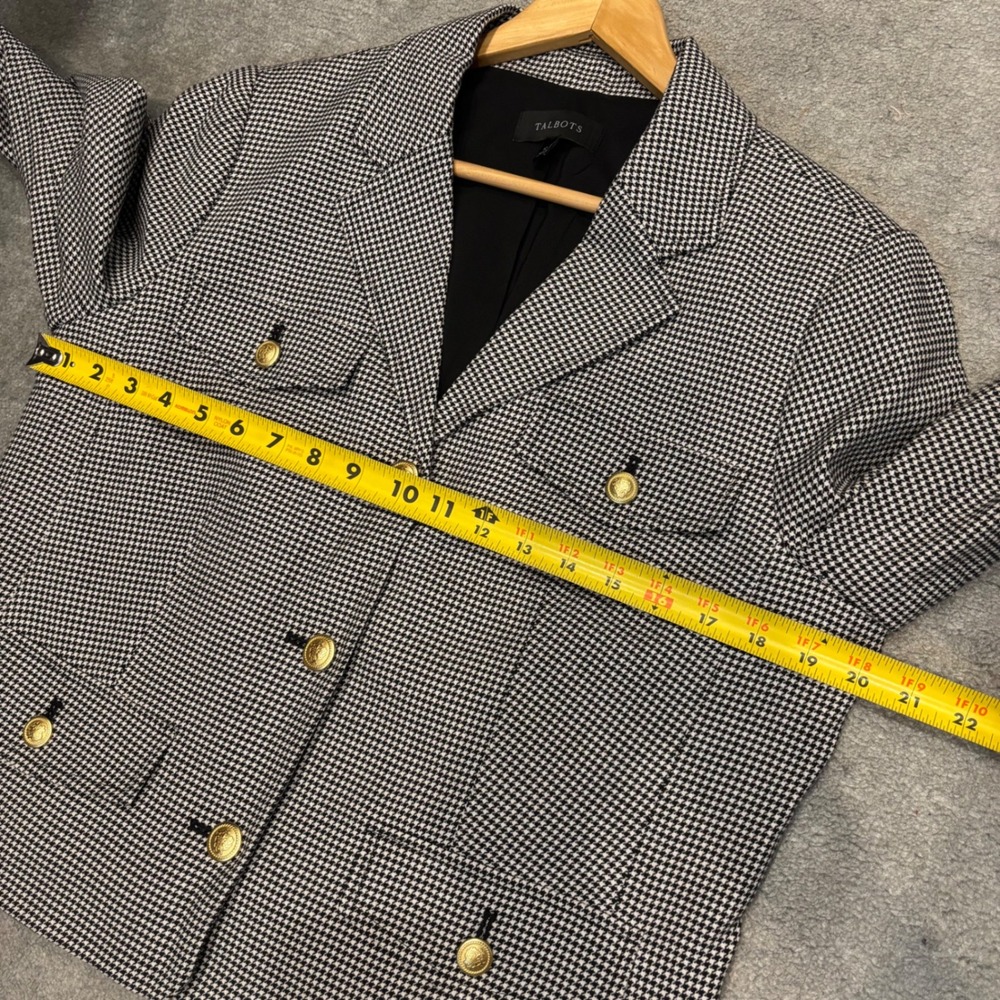 Talbots Black White Houndstooth Blazer Gold Crest Button Jacket Size 12 - Picture 5 of 8